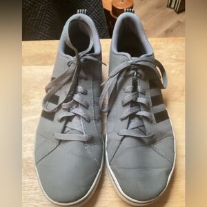 adidas Gray Low-Profile Lace-Up Sneakers with Black Stripes. 238